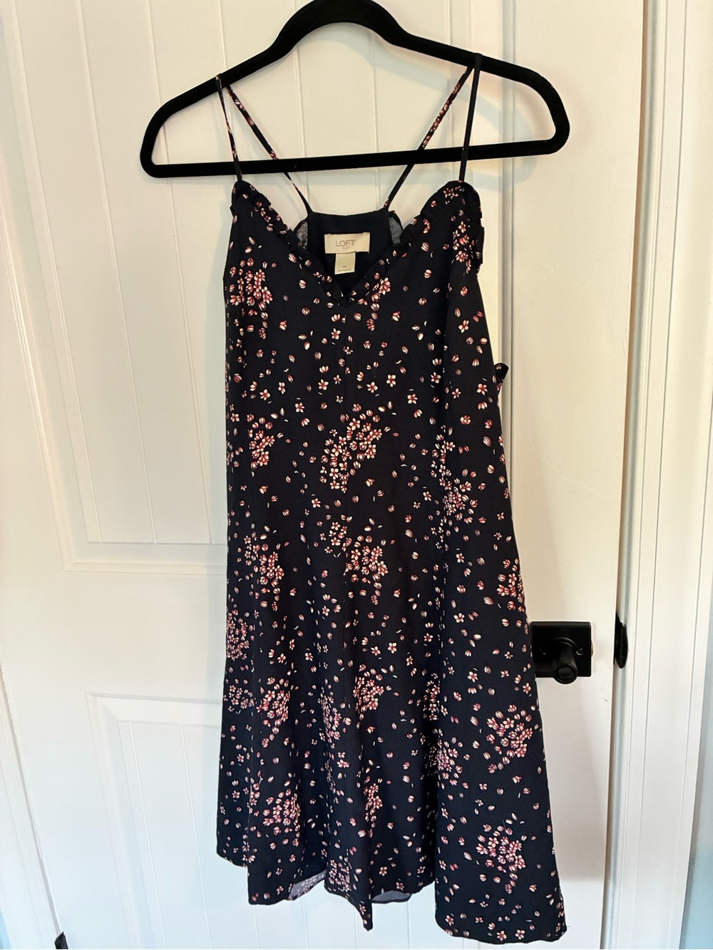 LOFT Navy Midi Slip Dress with Pink Floral Print
